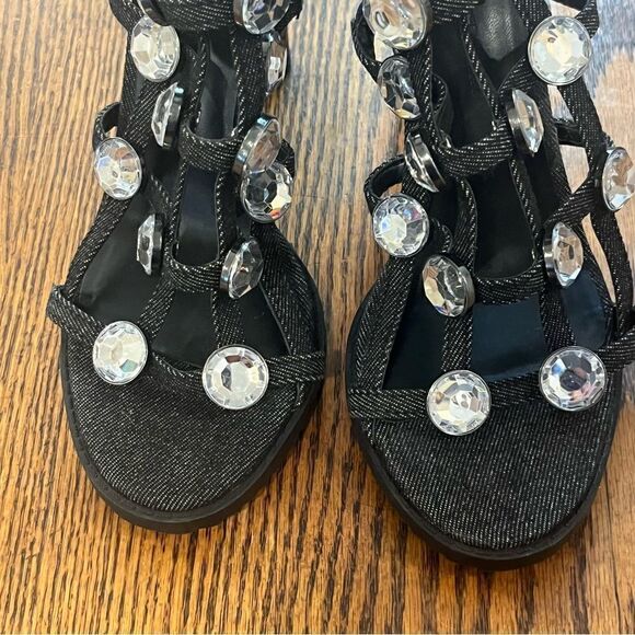NWOB Karl Lagerfeld Paris Beatriz Crystal Cage Sandal size 6.5 Black Denim 4” - Picture 7 of 12